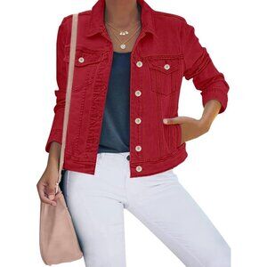 Women's Basic Button Down Stretch Fitted Long Sleeves Denim Jean Jacket True Red